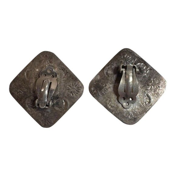 Vintage Silver Clip-On Earrings Mexico Turquoise Onyx Inlay Square Southwest - Picture 4 of 6